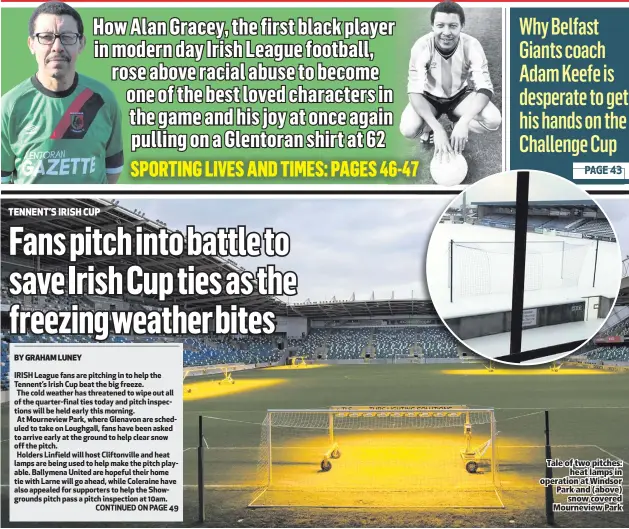  ??  ?? Tale of two pitches:
heat lamps in operation at Windsor Park and (above)
snow covered Mourneview Park