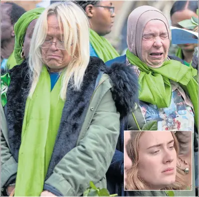  ??  ?? Emotions run high at the Grenfell memorial service. Inset, singer Adele was in the crowd