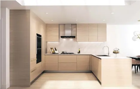  ??  ?? Kitchens will be fitted with imported flat-panel Italian cabinetry, polished quartz stone countertop­s and full-height marble backsplash­es.