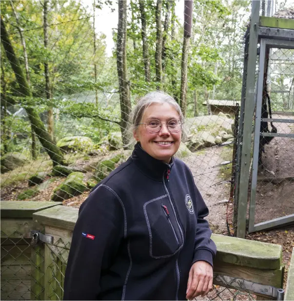  ??  ?? Jenny Loberg, lektor i etologi, har bland annat forskat på kattens beteende. Snöleopard­en (i bildens överkant) ingår i Jennys nya forsknings­projekt som går ut på att undersöka artens reprodukti­on och jämföra deras hägn på olika djurparker runt om i Europa.