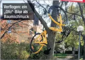  ??  ?? Verflogen: ein „Ofo“-Bike als Baumschmuc­k