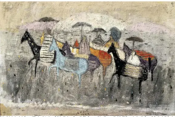  ??  ?? Dalmatinis­che Landschaft­en und Pferde prägten lange Zeit das Werk von Zoran Mušič: „Frauen auf dem Weg zum Markt“, 1949, aus der Arnaldo Zappa Collection in Mailand