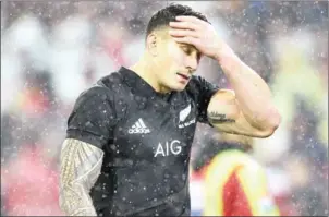  ?? PETER PARKS/AFP ?? The All Blacks’ Sonny Bill Williams reacts after being sent off for a dangerous tackle in the second Test against the British and Irish Lions on Saturday.