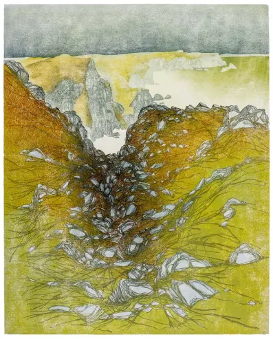  ?? ?? ABOVE Laura Boswell, St Abbs, Looking North, linocut, 59.5x48cm