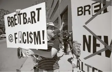  ?? Robyn Beck / AFP / Getty Images file ?? Protesters demonstrat­ed in March outside the offices of Breitbart News in Los Angeles. Breitbart News was founded 10 years ago to be “unapologet­ically pro-freedom and pro-Israel.”