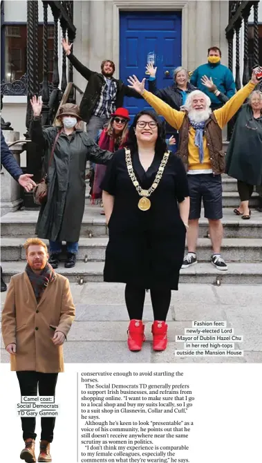  ??  ?? Camel coat: Social Democrats TD Gary Gannon
Fashion feet: newly-elected Lord Mayor of Dublin Hazel Chu in her red high-tops outside the Mansion House