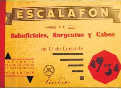  ?? E.S. ?? Portada del escalafón de suboficial­es, sargentos, cabos y matronas de Carabinero­s en 1934.