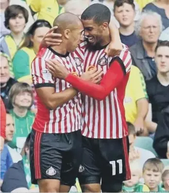  ??  ?? James Vaughan and Lewis Grabban celebrate a goal at Norwich, but neither lasted long on Wearside.