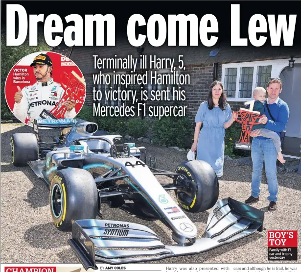  ??  ?? VICTOR Hamilton wins in Barcelona BOY’S TOY Family with F1 car and trophy yesterday