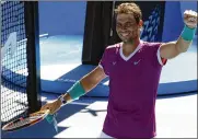  ?? AP PHOTO ?? Rafael Nadal of Spain celebrates after defeating Adrian Mannarino of France in their fourth round match at the Australian Open in Melbourne, Australia, Sunday.