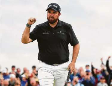  ?? Mike Ehrmann / Getty Images ?? Shane Lowry of Ireland was as pumped up as the gallery at Royal Portrush after he birdied the 15th hole during Saturday’s third round of the British Open at Portrush, Northern Ireland.