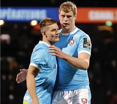  ?? ?? Winger Alex Morgan and former Stow junior, second row Arthur Clark, after Gloucester’s European Rugby Challenge Cup defeat in Lyon