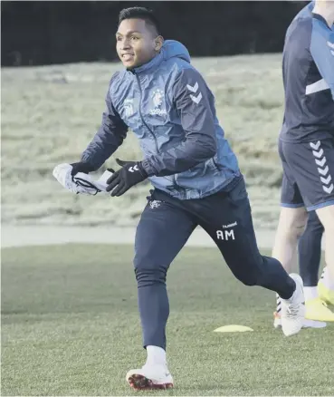  ??  ?? 0 Rangers striker Alfredo Morelos looks full of running in training as he prepares to face Aberdeen.