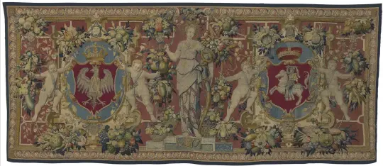  ??  ?? 1. Tapestry with the coats of arms of Poland and Lithuania and a figure of Ceres, 1550–60, designed by an artist from the circle of Cornelis Floris and Cornelis Bos, woven by the workshop of Frans Ghieteels, wool, silk, gold and silver threads, 177 × 410cm. Wawel Royal Castle, Kraków