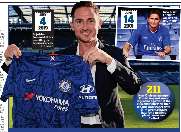  ?? GETTY IMAGES GETTY ?? Deja blue: Lampard at his unveiling as boss yesterday New blue: Lampard on his first day at the Bridge