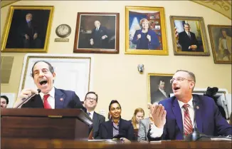  ?? Andrew Harnik / Associated Press ?? Rep. Jamie Raskin, DMd., left, and House Judiciary Committee ranking member Rep. Doug Collins, RGa., speak during a House Rules Committee hearing on the impeachmen­t against President Donald Trump on Tuesday on Capitol Hill in Washington.
