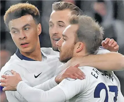  ??  ?? From left; Christian Eriksen celebrates his goal with Dele Alli and Harry Kane