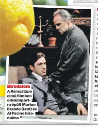 ?? ?? Birodalom
A Keresztapa című filmben olívaimpor­tra épült Marlon Brando (fent) és Al Pacino birodalma
