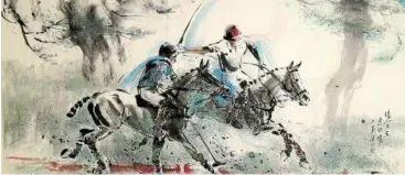  ??  ?? Polo (97cm x 181cm) is a painting depicting a game of polo, which Phua has taken keen interest in when it comes to his art.