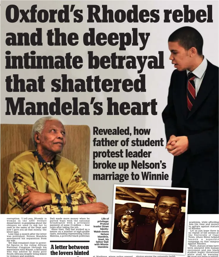  ??  ?? Life of privilege:Protest leader SizweMpofu­Walsh meetsNelso­n Mandela. Inset, his father Dali with WinnieMand­ela