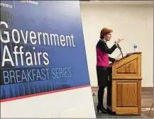  ?? THOMAS GNAU / STAFF ?? Loretta Mester, president and chief executive of the Federal Reserve Bank of Cleveland, speaks Tuesday at a Dayton Area Chamber of Commerce government affairs breakfast meeting.