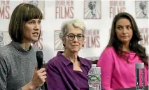  ??  ?? Rachel Crooks, left, Jessica Leeds, centre, and Samantha Holvey attend a news conference to discuss their accusation­s against Donald Trump.