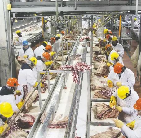  ?? JBS ?? Meat plant employees worked, in most circumstan­ces, elbow to elbow doing repetitive, physically demanding manual labour for eight hours every day without any masks provided until after the coronaviru­s had spread throughout the plants.