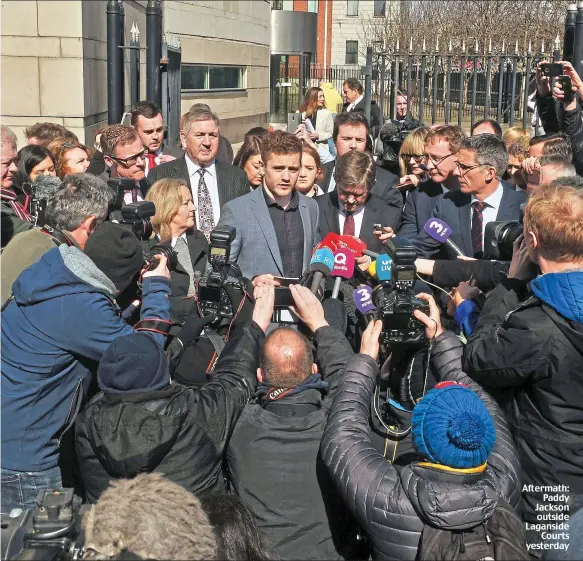  ??  ?? Aftermath: Paddy Jackson outside Laganside Courts yesterday