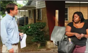  ?? The Associated Press ?? CLARKE TUCKER: Democratic state Rep. Clarke Tucker talks to Carla Harper about his campaign for the 2nd Congressio­nal District on Aug. 14 in Little Rock, Ark. Tucker is challengin­g Republican U.S. Rep. French Hill in November, and Democrats believe he has a chance at flipping the Little Rock-area district.