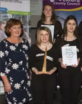  ??  ?? The Selskar College group who were runners-up and best report in the LCVP/LCA section with their project Funky Frames. From left: Breege Cosgrave of the Local Enterprise Office, Alannah Anglim, Chelsey Pitman, Leanne Lacey, Meghan Murphy, Jemma Dooley,...