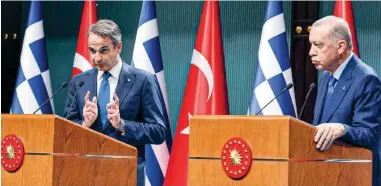  ?? ?? Greek Prime Minister Kyriakos Mitsotakis (left) gestures during a press conference with Turkish President Recep Tayyip Erdogan following their meeting in Ankara, on Monday. For Marc Pierini, ‘tensions between the United States and Turkey should not affect Greek-Turkish relations.’