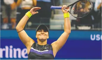  ?? JOHANNES EISELE/AFP/GETTY IMAGES ?? Bianca Andreescu celebrates her win in the U.S. Open semifinals.