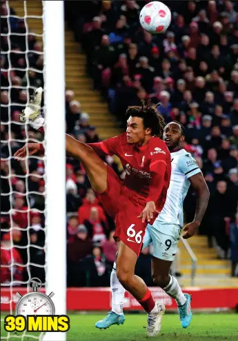  ?? GETTY IMAGES ?? Saviour: Trent Alexander-Arnold dramatical­ly hooks the ball away