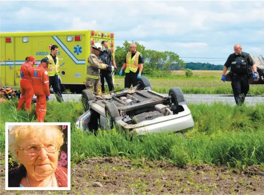  ?? PHOTOS COLLABORAT­ION SPÉCIALE, ÉRIC BEAUPRÉ ET COURTOISIE ?? La voiture de Blanche Major (en mortaise) s’est retrouvée sur le toit après une perte de contrôle et une sortie de route jeudi.