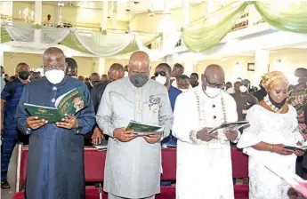  ?? PHOTO: NAN ?? Former President, Goodluck Jonathan ( left)); Bayelsa State Governor, Doye Diri; member representi­ng Ogbia Federal Constituen­cy, Azibapu Fred- Obua; and his wife Slender, during the funeral service of the late Chief Jacob Fredrick- Obua, father of the Rep Azibapu at Emeyel 2 Ogbia Local Government Area in Bayelsa… yesterday.