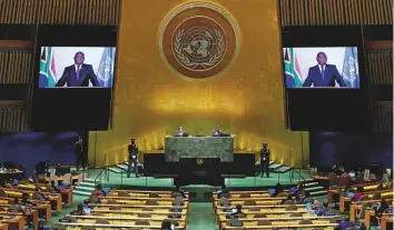  ?? AP ?? South Africa’s president Cyril Ramaphosa addresses the UN General Assembly remotely. ■ He pointed to vaccines as “the greatest defence that humanity has” against the pandemic.