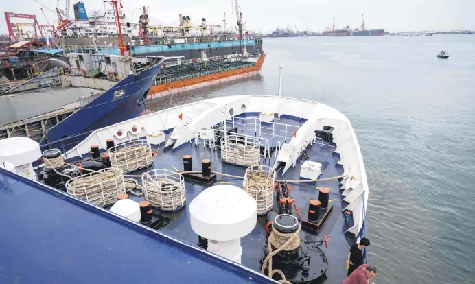  ?? ?? A view of the bow of the Akdeniz ro-ro ship, part of the flotilla, Istanbul, Türkiye, April 19, 2024.