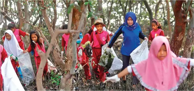  ?? AHMAD KHUSAINI/JAWA POS ?? DEMI BUMI: Para siswa dan guru membersihk­an sampah yang nyangkut di antara pohon-pohon bakau di pantai utara kemarin (21/9).