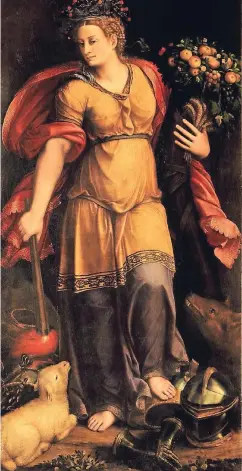  ??  ?? Auf Battista Dossis Gemälde„Pax“(1544) muss das Lamm den Wolf (r.) nicht fürchten.
