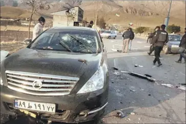  ?? Fars News Agency ?? THE SCENE of the attack that killed Mohsen Fakhrizade­h- Mahabadi near the resort town Absard, east of Tehran. The scientist was involved for decades in the upper tier of Iran’s secret nuclear weapons program.