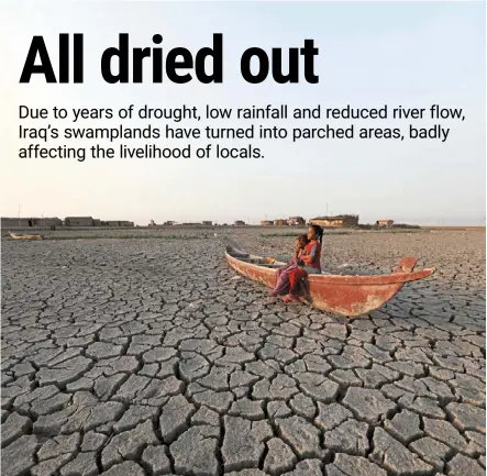  ?? ?? Vast expanses of the once lush Huwaizah Marshes, straddling the border with Iran, have been baked dry, their vegetation yellowing. — afp