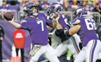  ?? AP FILE PHOTO ?? Minnesota Vikings quarterbac­k Case Keenum throws a pass during Sunday’s game against the Los Angeles Rams in Minneapoli­s. Keenum will make his ninth start Thanksgivi­ng morning, having taken over after Sam Bradford’s knee trouble.