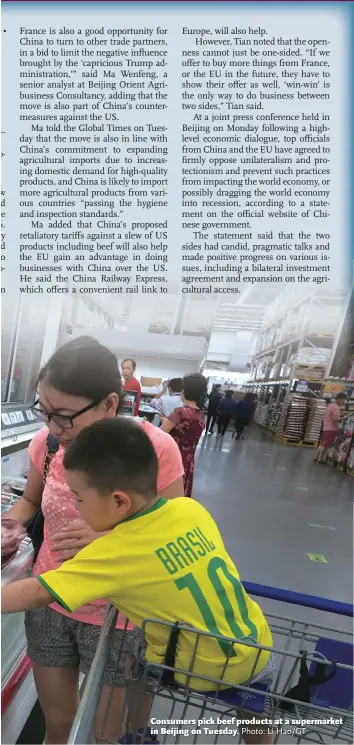  ?? Photo: Li Hao/GT ?? Consumers pick beef products at a supermarke­t in Beijing on Tuesday.