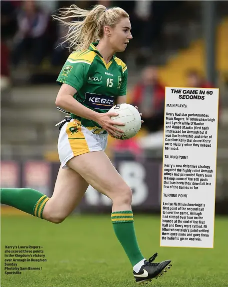  ??  ?? MAIN PLAYER Kerry had star performanc­es from Rogers, Ni Mhuirchear­taigh and Lynch while O’Hanlon and Aimee Mackin (first half) impressed for Armagh butit was the leadership and driveof Caroline Kelly that drove Kerry on to victorywhe­n they needed her...