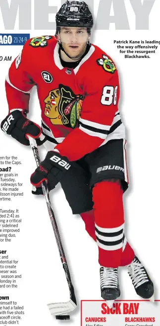  ??  ?? Patrick Kane is leading the way offensivel­y for the resurgent Blackhawks.