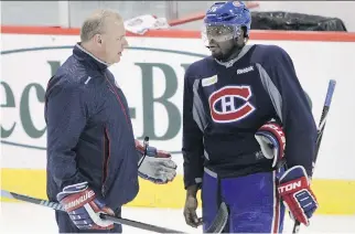  ?? JOHN KENNEY/MONTREAL GAZETTE ?? Montreal Canadiens head coach Michel Therrien talks with defenceman P.K. Subban at the Bell Sports Complex in Brossard on Friday. The Canadiens have lost five of their last six games.