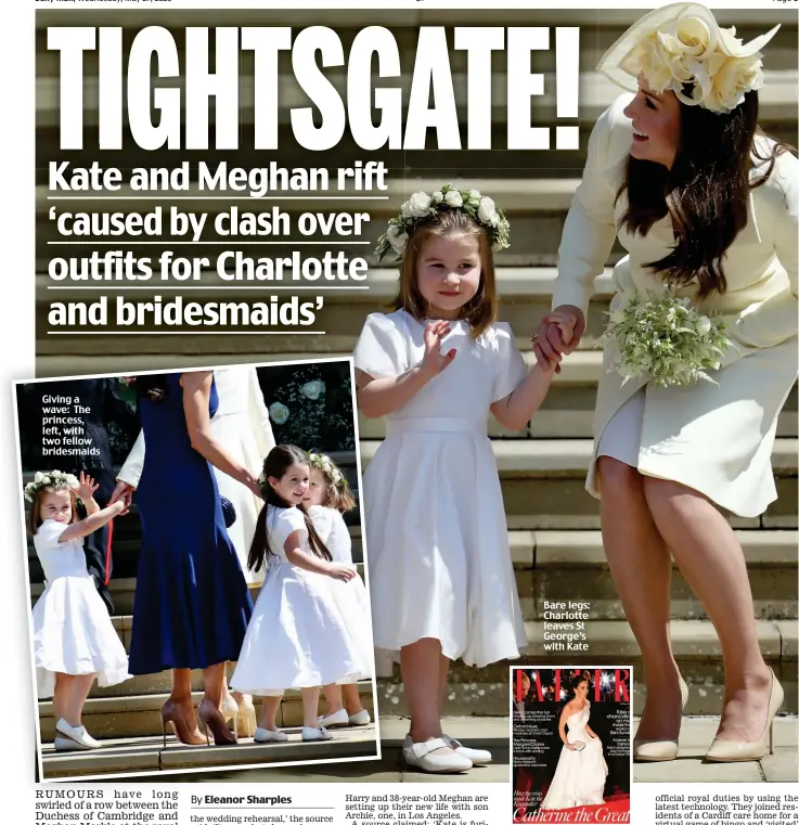  ??  ?? Giving a wave: The princess, left, with two fellow bridesmaid­s
Bare legs: Charlotte leaves St George’s with Kate