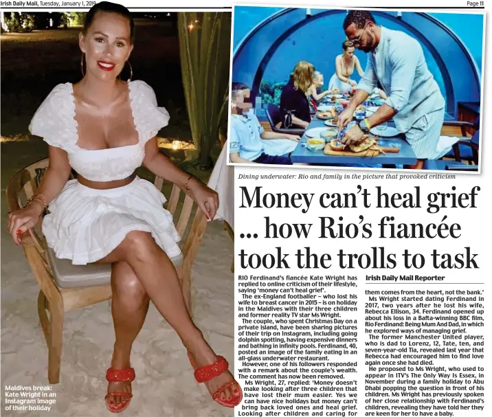  ??  ?? Maldives break: Kate Wright in an Instagram image of their holiday Dining underwater: Rio and family in the picture that provoked criticism