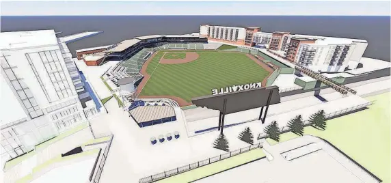  ?? PROVIDED BY GEM ASSOCIATED ARCHITECTS ?? An aerial rendering of the forthcomin­g multiuse baseball stadium east of the Old City shows some of the anticipate­d developmen­t planned for just outside the playing field. The Tennessee Smokies will change up the design of some of the stadium’s amenities.