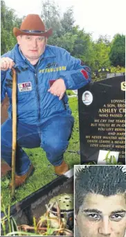  ??  ?? Ambrose Dighton at the grave of his murdered teenage son Ashley, right